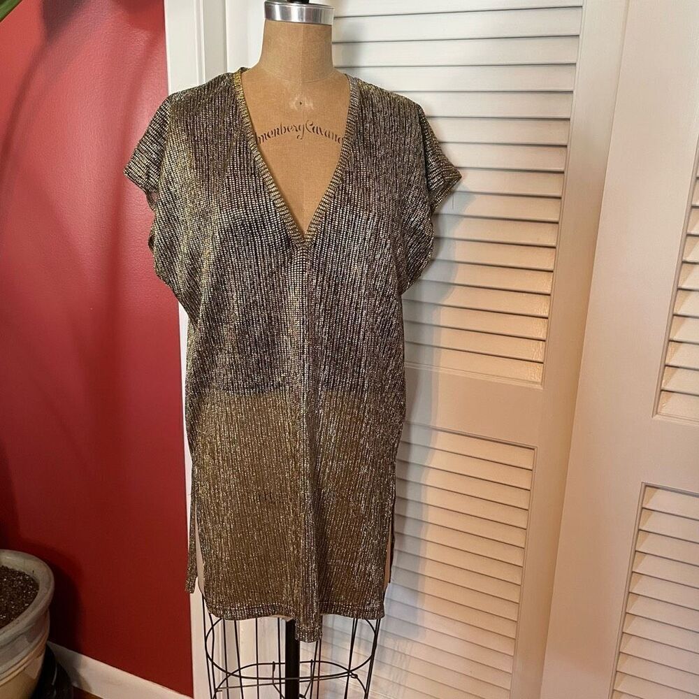 GRIFFLIN PARIS | sheer shiny gold black v neck mini shift dress M